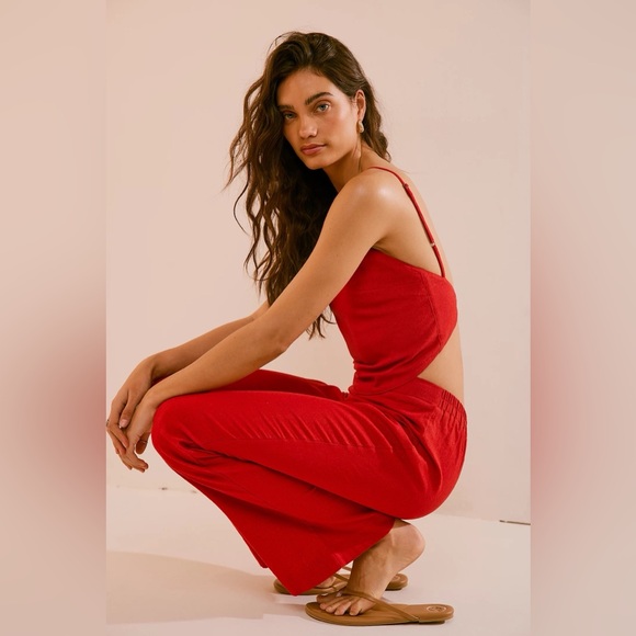 Free People Everything I Need Linen Set - Valiant Poppy, Size Medium - Picture 1 of 4